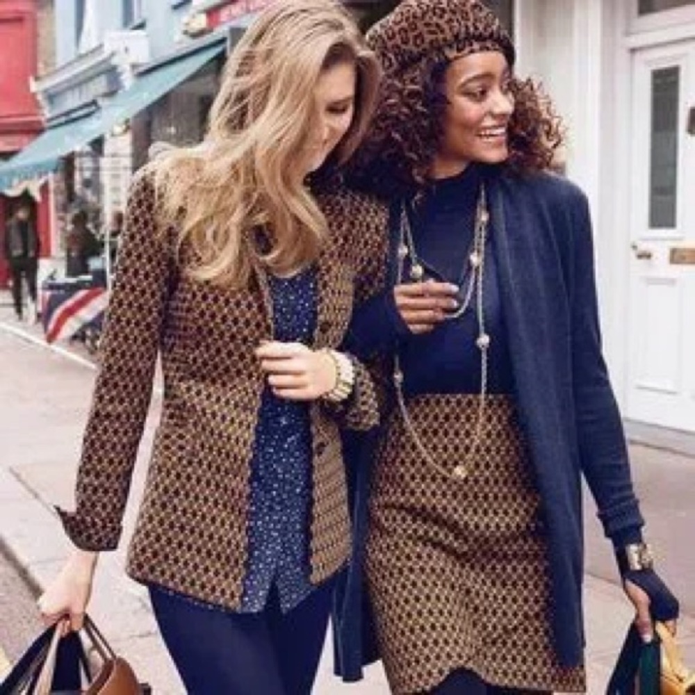 CAbi Kensington Knit Medallion Blazer Skirt Suit Set in Mustard Navy Size Large